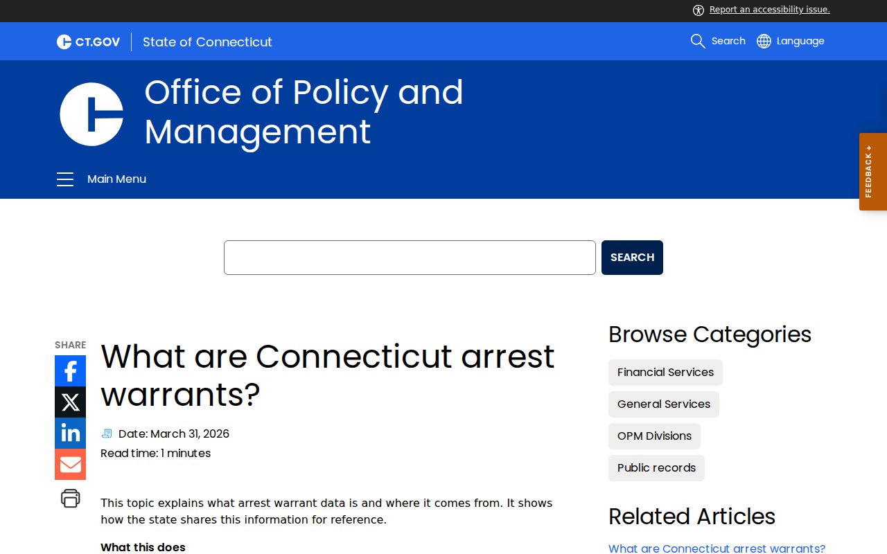 Litchfield County outstanding warrant context on the Connecticut OPM explanation page